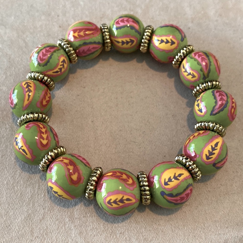 Angela Moore hand painted beaded bracelet - Paisley Green Pink Multi - Picture 4 of 5